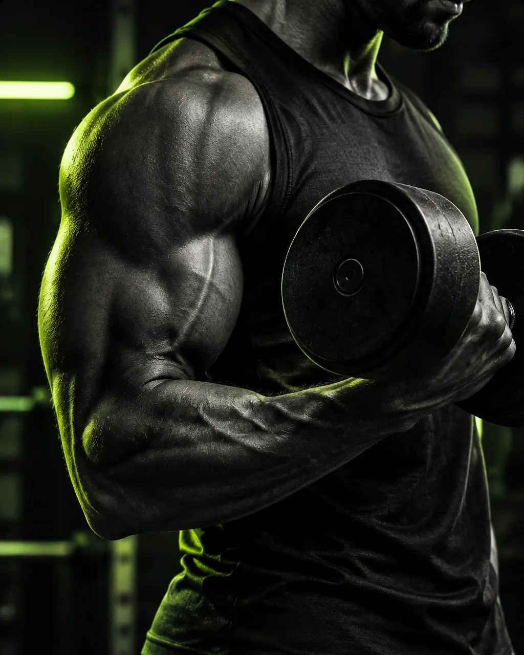 Athlete lifting a dumbbell in a dark studio