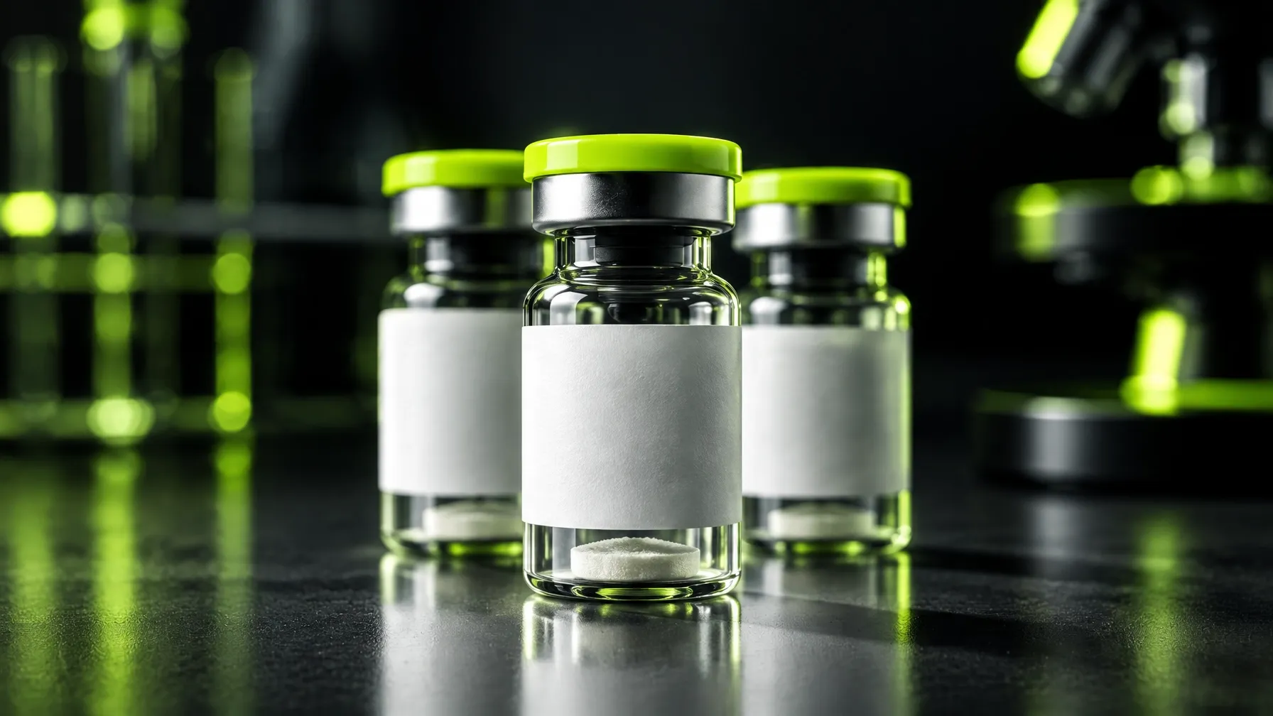 Research peptide vials arranged on a dark laboratory bench