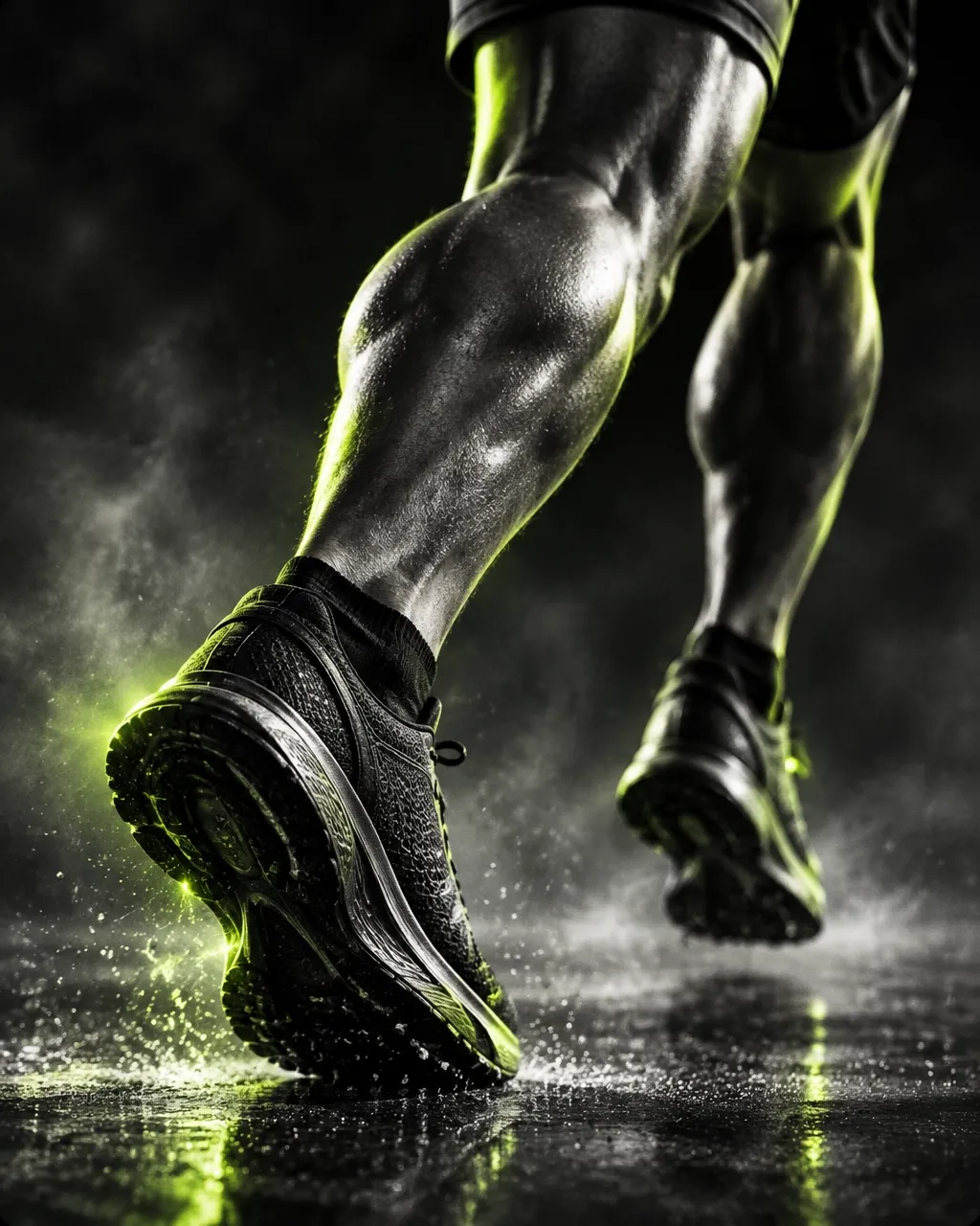 Runner in motion under dramatic laboratory-style lighting